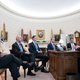 From left: White House Social Media Director Dan Scavino, unknown man, professional son-in-law Jared Kushner, Facebook CEO Mark Zuckerberg, Facebook’s Joel Kaplan, and President Donald Trump